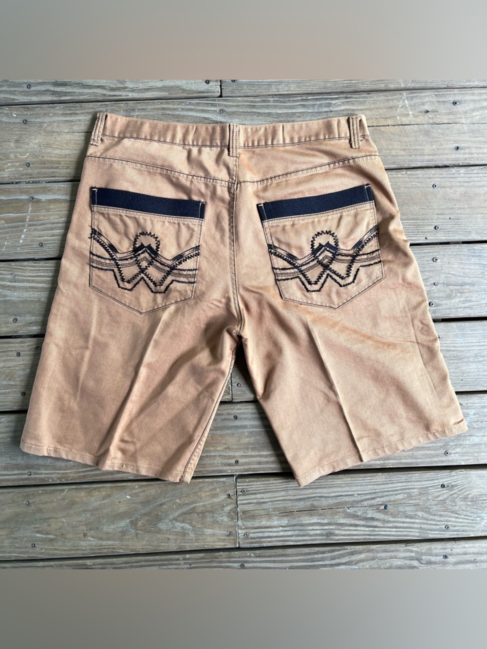 Y2K Red Ape brown denim w black embroidery Vtg hip hop baggy shorts.  Streetwear